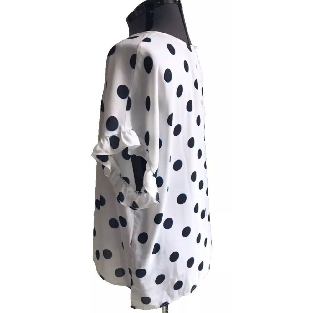 Worthington Flutter Cap Sleeve Round Neck Navy Polka Dot Blouse, Size L - Picture 4 of 15